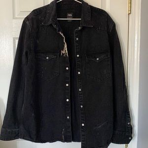 Zara | Mens Relaxed Fit Black Distressed Denim Jacket Size: XL💀